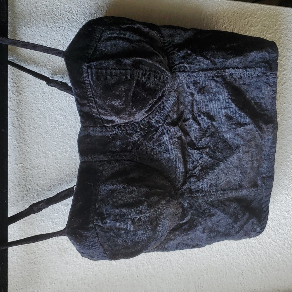 Black Velvety Crop Top Crushed Velvet Like Spaghetti Strap Bustier Style Small